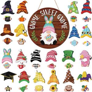 Wenqik 41 Pcs Interchangeable Sweet Gnome Signs Holiday Wooden Seasonal Gnome Decor Detachable Magnet Hat and Hand Welcome Sign for Home Decoration(Farmhouse, Dark Brown)