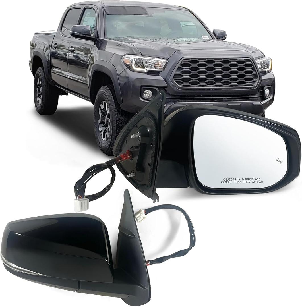 Right Passenger side Mirror Fits 2016-2022 Toyota Tacoma With Power Glass, Heated, Turn Signal, Blind Spot Detection and Manual Folding Match to Midnight Black Metallic Replace TO1320350 (8Pins)