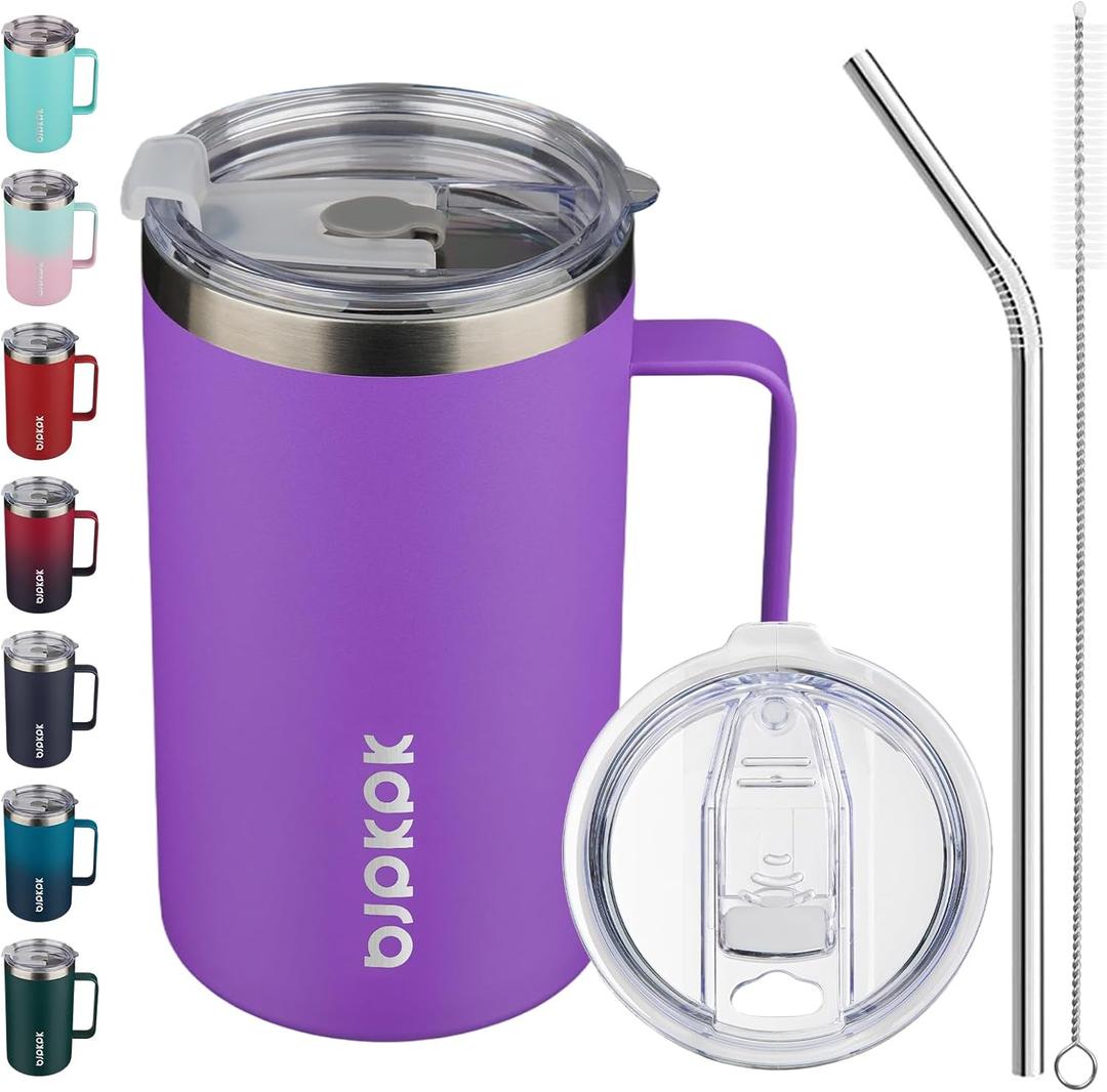 BJPKPK Insulated Coffee Mug with 2 Lids, 25oz Stainless Steel Insulated Tumbler with Handle, Double Wall Vacuum Coffee Cup, BPA Free Leak Proof Thermos for Travel & Home, Purple