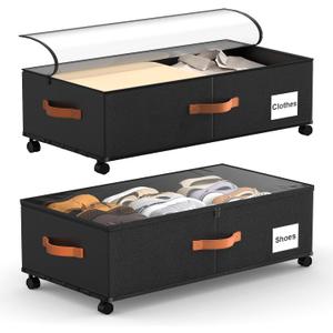 Under Bed Storage Containers with Wheels, 9.5 inches Higher Underbed Shoes Blankets Clothes Toy Storage Drawers for College Dorms Bedrooms Nursery Rooms Organization, 2 Pack to be Assembled