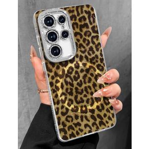 Toycamp for Samsung Galaxy S25 Ultra Case - Compatible with Magsafe Aesthetic Cute Holographic Galaxy S25 Ultra Case with Diamond Bling Lens Protector Cover for Women Girls, Brown Leopard
