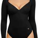 Popilush Long Sleeve Body suits for Women Thong Shapewear Bodysuit Tummy Control V Neck Shirt Going Out Tops (Large, Black)