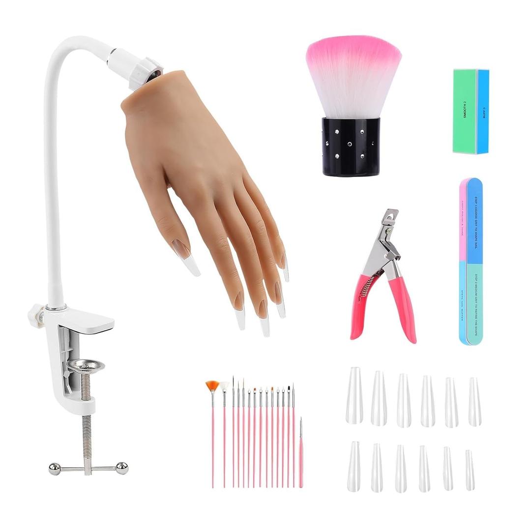 Practice Hand for Acrylic Nails, Silicone Nail Hand Practice with Flexible Fingers, Fake Training Mannequin Hand for Nail Art, Detachable Nail Tips & Clamp Stand, Hand Model Kit for Manicure Beginners