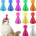 10 PCS Mini Cat Birthday Hat Multi-Color Glitter Adjustable Dog Birthday Party Supplies Hat Cute Reusable Puppy with Pompons Pet Decorations Outfits for Pet Puppy Cat Rabbits Animals