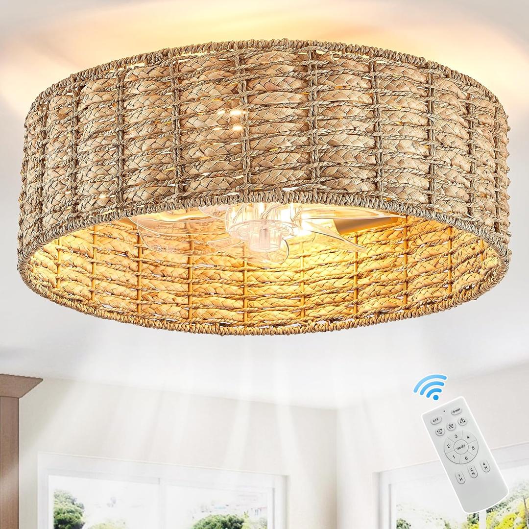 20" Fandelier Rattan Boho Ceiling Fans Rattan chandelierBoho Remote Control, 6 Speeds, Handwovenalso has 1 hour/2 hours/4 hours timer off functionfor Bedroom, Living Room, Dining Room, Yoga Room