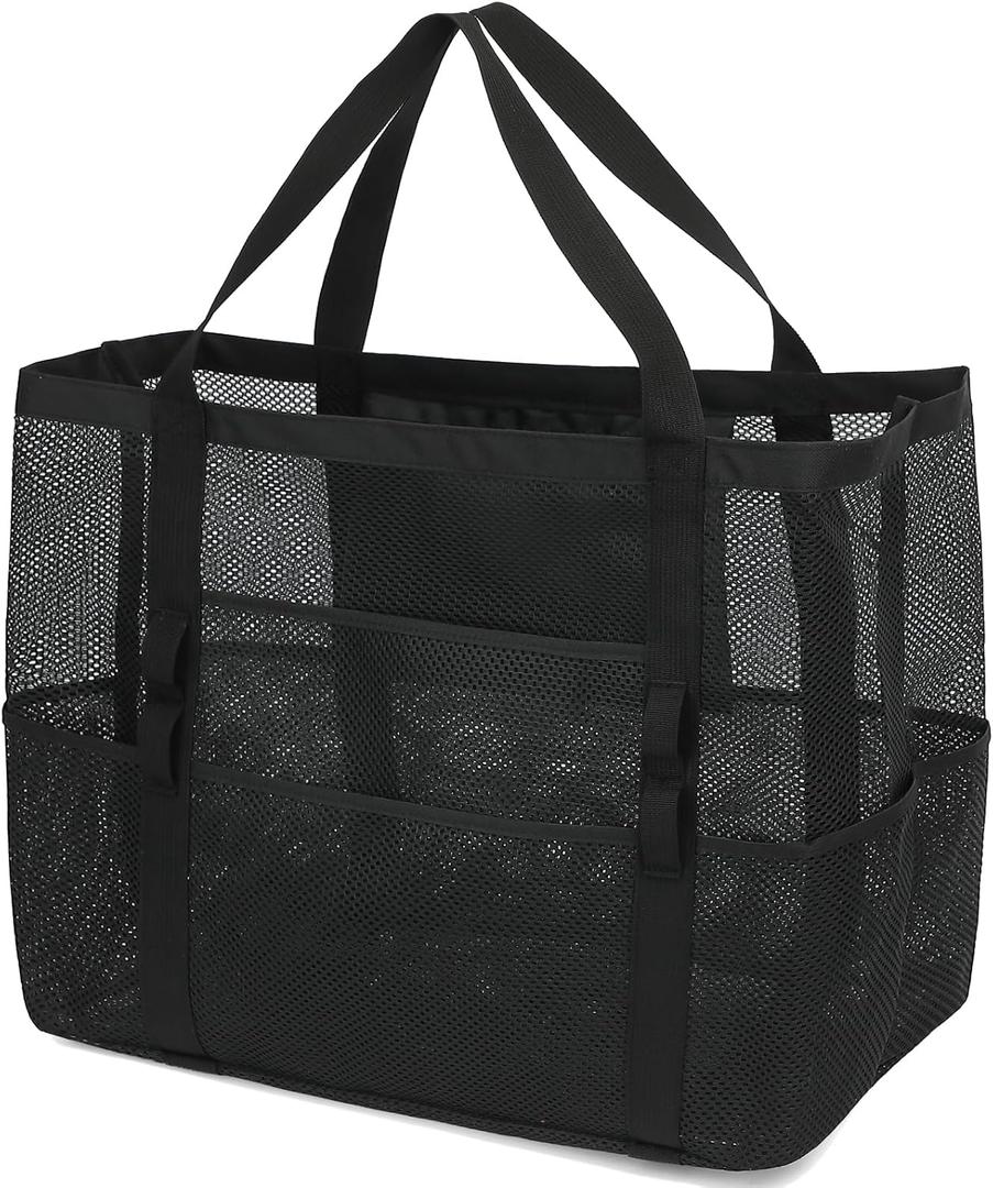 Mesh Beach Bag - Large Beach Tote Bag with Multiple Pockets for Family Beach Bag for Toys & Vacation Essentials (Black)