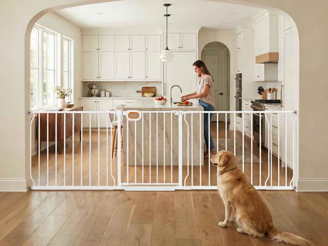 Baby Gates Extra Wide for Large Opennings with Door Pressure Mounted 85.5-90.6 Inch Extra Wide Baby Gate Dog gate for Doorways Indoor Metal Gate No Drilling with Walk-Through Door,White