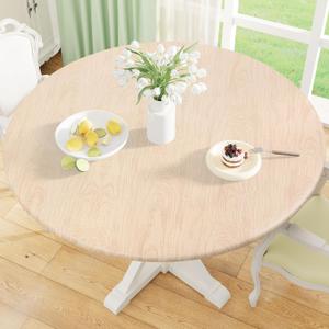 Misaya Round Fitted Tablecloth with Elastic Edge, 100% Waterproof Oil Proof Plastic Table Cover, Vinyl Flannel Backed Tablecloth Fits 36"-44" Round Tables for Dinner, Outdoor, Picnic, Wood (Yellowish)