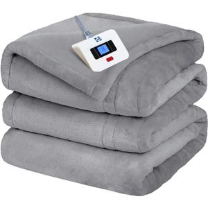 Sealy Electric Blanket Twin Size, Flannel Heated Blanket with 10 Heating Levels & 1-12 Hours Auto Shut Off, Machine Washable, Light Grey, 62 x 84 Inch
