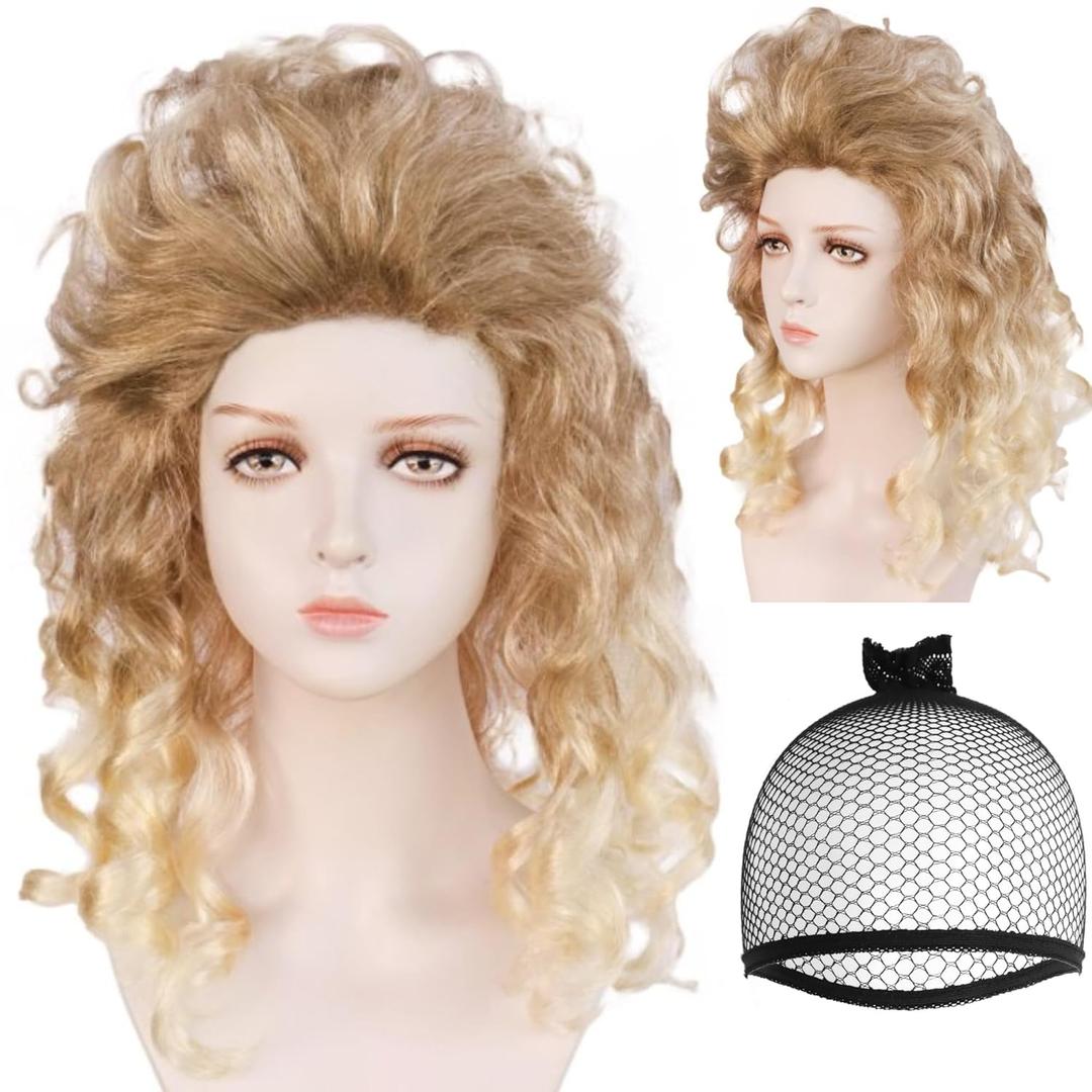 ANOGOL Hair Cap+ Long Curly Blonde Wig Women Dirty Blonde 80S Synthetic Wig Cosplay 80S Hair for Halloween Party Costume