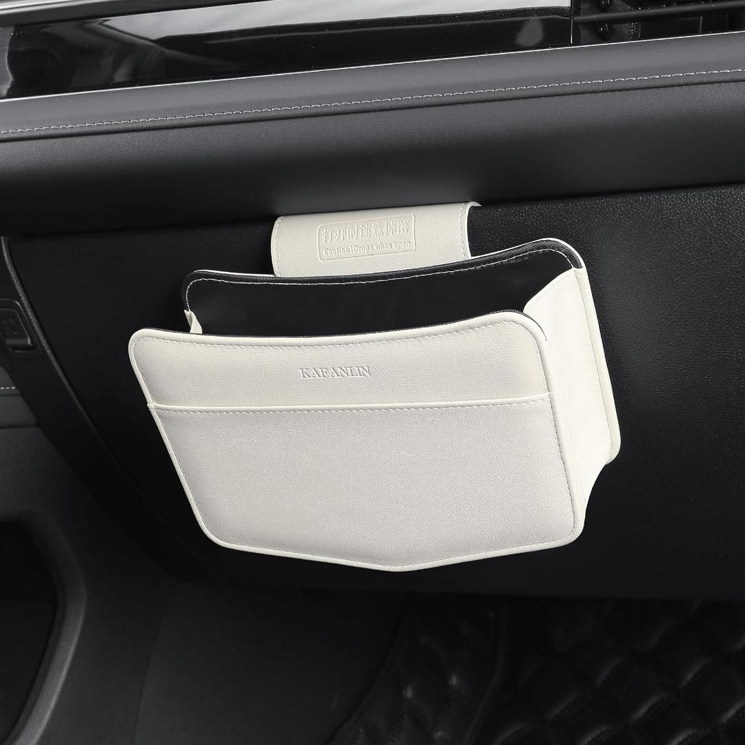 2 x Car Trash Can Small Leather Vehicle Trash Bin Car Dustbin Garbage Organizer Holder with Trash Bag Foldable Mini Cars Storage Bag Container for Auto SUV Van Trucks (White,Glovebox Hanging)
