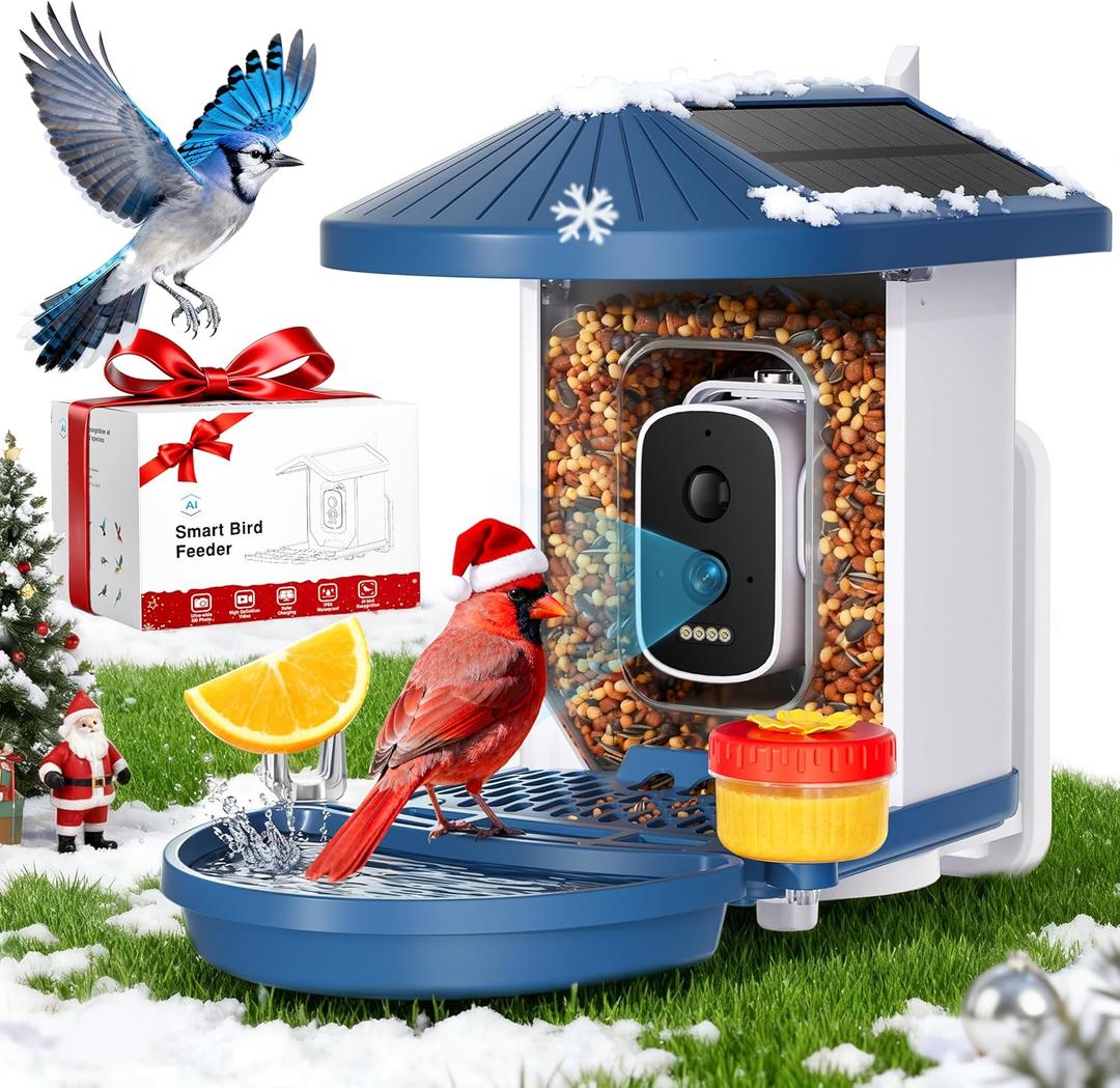 Smart Bird Feeder with Camera Solar Powered,5MP HD AI Identify Bird Species, Real-Time Alert & Weatherproof, Auto Record Videos, Ideal Gift for Christmas, Environmental Friendly, Non-Toxic