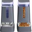 Cat Food Dispenser and Cat Water Dispenser Set with Stainless Steel Bowls Gravity Dog Feeder for Small Medium Big Cat Dog Pet Puppy Kitten, 1 Gallon x 2 (deep gray)
