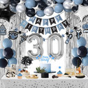 30th Birthday Decorations, Dusty Blue 30 Birthday Decorations for Men Women, Blue Sliver Black Birthday Party Decor with Happy Birthday Banner, Number Balloons, Foil Balloons, Swirl