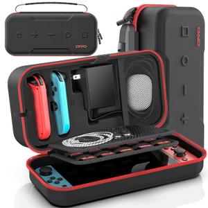 Switch Carrying Case Compatible with Nintendo & OLED, Portable Switch Travel Carry Case Fit for Joy-Con and Adapter, Hard Shell Protective OLED Pouch Bag with 20 Games, Red Wii Accessory Kits