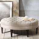Madison Park Martin Oval Surfboard Tufted Cocktail Ottoman Soft Fabric, All Foam, Wood Frame Modern Coffee Table Living Room Lounge Furniture, Linen, 48"W x 27.5"D x 18"H
