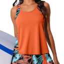 Summer Mae Blouson Tankini Swimsuits for Women 2026 Modest Tummy Coverage Bathing Suits with Skirt and Built-in Shorts (12, Tropical Green Foliage)