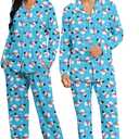 RAISEVERN Couples Christmas Matching Pajamas 2 Piece Women Men Xmas Pjs Soft Pajama Set Long Sleeve Loungewear Warm Sleepwear (Blue)