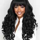 quickwig Long Black Wig with Bangs 22 Inches Body Waves Wigs Glueless Long Curly Wig with Bangs Synthetic Wavy Wigs for Women Natural Black