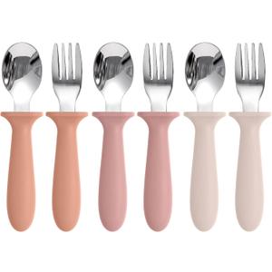 Eascrozn Toddler Spoons and Forks Set, 6 Pack Kids Silverware with Silicone Handle, BPA Free, 18/8 Stainless Steel Children Safe Toddler Utensils, Dishwasher Safe (Purple)