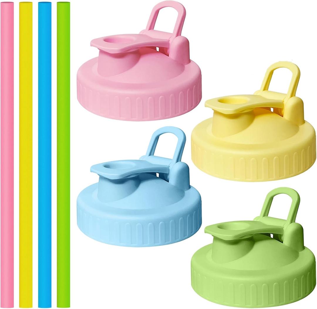 4 Pack Wide Mouth Mason Jar Lids with 4 Silicon Straws, Pour Spout Flip-top Replacements Drinking Lids Fits for Wide Mouth Mason Ball Jar