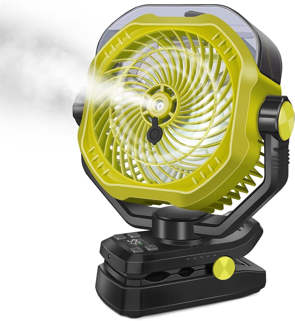 Portable Rechargeable Misting Fan with 12oz Mist, Battery Life Display, Remote, Timer, Light, 5 Speeds, 9-Inch, 20000mAh 120H Battery Powered Clip Fan for Stroller, Travel, Outdoor, Poweroutage