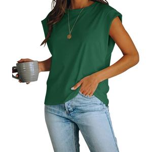 Women's Cap Sleeve Tank Top Crew Neck T Shirts Loose Fit Basic Summer Casual Tee Tops (Dark Green) S