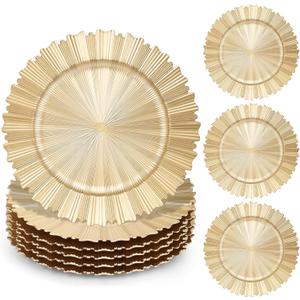 6 Pcs Gold Charger Plates,13 Inch Elegant Fluted Edge Plastic Charger Plates Reusable Table Chargers for Dinner Birthday Wedding Party Bridal Showers Tableware Dishes Luxury Decor