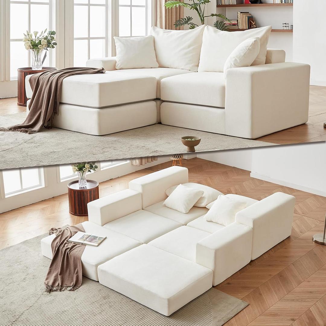 Modular Sectional Loveaeat Cloud Sofa, Boneless Couch with Non Slip Base, Modern Sleeper Sofa for Customizable Living Spaces, Cozy Modular Couch with L-Shape Chaise, Deep Seat & No Assembly, Beige (79''*68.8''*25.6'')