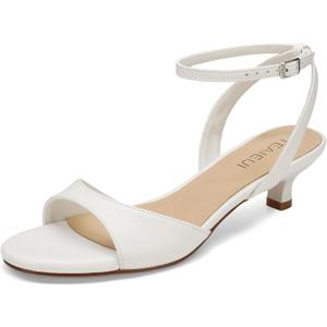 TEAIEUI Women's Sandals Kitten Heels Low Strappy Heels Open Toe Ankle Strap Sandals for Women Party Wedding Dress Shoes (White, 7.5)