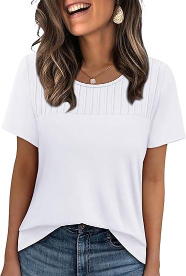 OFEEFAN Women's Clothing Trendy Short Sleeve Summer Tops Dressy Casual Crewneck T Shirts Plus Size Spring Clothes Loose Fit , Size XXL, White