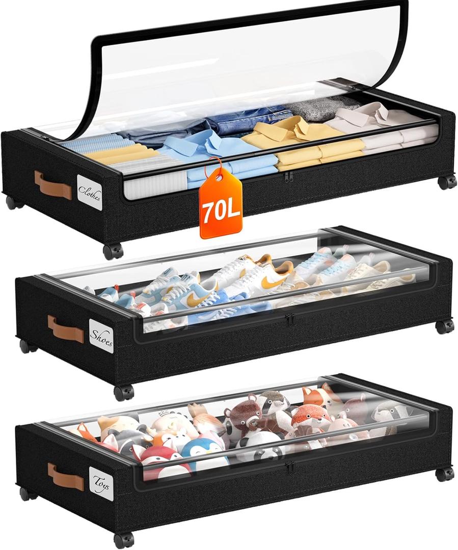 Yecaye 70L Under Bed Storage with Wheels, 3 Pack Larger Capacity Under Bed Storage Containers, Underbed Shoe Storage Organizer, Rolling Under Bed Metal Drawers for Clothes, Blankets, Black