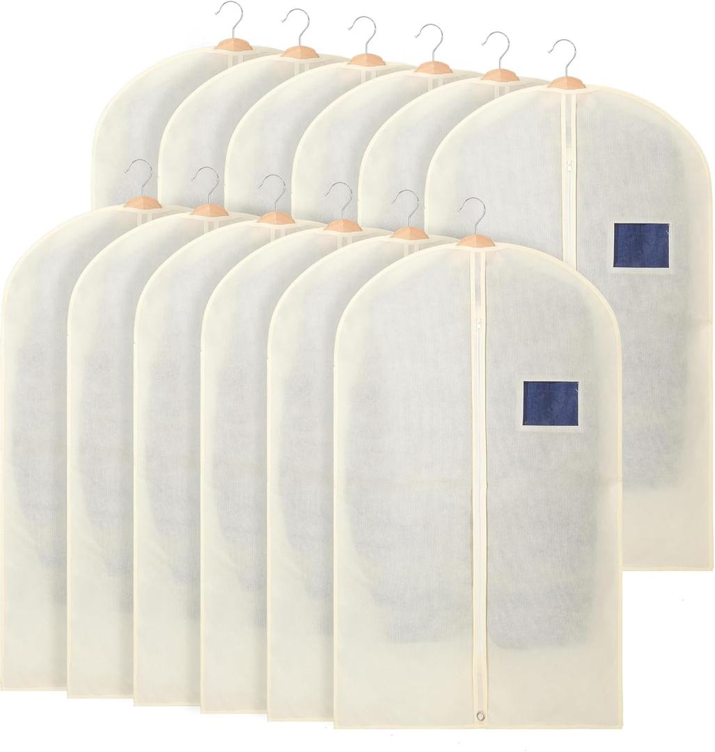 12 Pcs Garment Bags for Travel, 40 Inches Long Suit Bags for Closet Storage, Cream Non-Woven Dress Bag for Uniforms Suit Jacket, Skirt and Coat