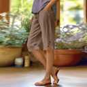 Cotton Linen Capri Pants for Women Petite Bermuda Shorts Knee Length Drawstring Pants Summer Beach Long Shorts (M)