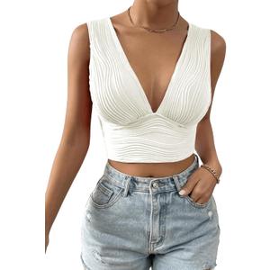 SweatyRocks Women's Solid Deep V Neck Backless Crop Top Sleeveless Slim Fit Textured Tank Top Summer (White)