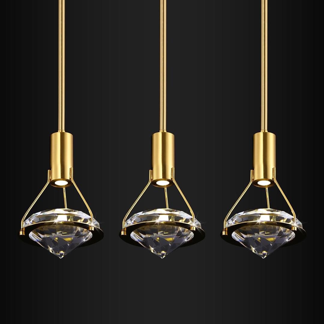 Modern Crystal Pendant Light,LED Crystal Hanging Light Fixture for Dining Room,3 Pack Diamond Crystal Chandelier,Height Adjustable Pendants Lamp,Gold Ceiling Pendant Light for Kitchen Island Bedroom