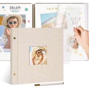 10x10 Inch Linen Self Adhesive Photo Album with Window, 40 Pages Large Scrapbook for Wedding, Anniversary & Family Events, Classic Beige, Fits 2x3 4x6 5x7 Photos