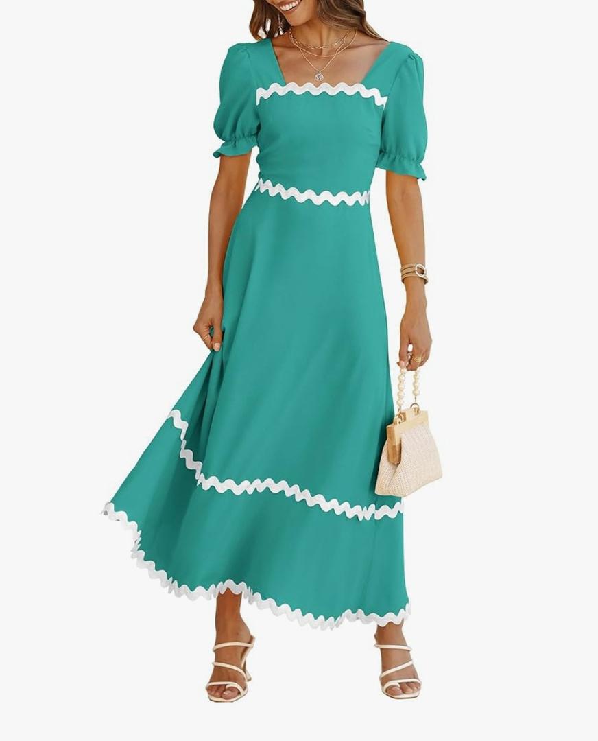 BTFBM Women's 2024 Summer Square Neck Short Puff Sleeve Dress Casual Tie Back Smocked A Line Flowy Maxi Dresses S