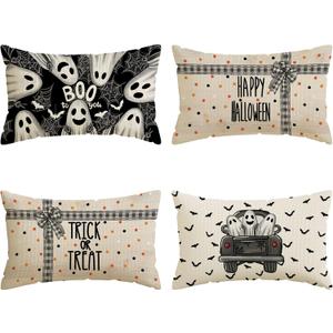 Happy Halloween Pillow Covers Trick or Treat Ghosts Truck Bats Lumbar Pillow Cases Set of 4 Autumn Decorations for Farmhouse Home Bedroom Sofa Couch Outdoor Holiday Decor 12x20 Inch