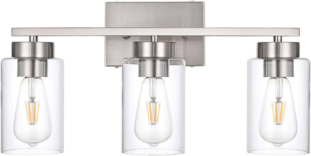 3-Light Bathroom Vanity Light, Modern Brushed Nickel Wall Lights with Clear Glass Shades, Bathroom Wall Sconce Lamp for Mirror Living Room Bedroom Hallway