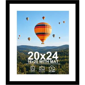 JCJMY 20x24 Picture Frame with 16x20 Mat, Display Photo 16x20 with Mat or 20 x 24 Without Mat, Wall Hanging Large 20 by 24 Poster Frame with Plexiglass, Black