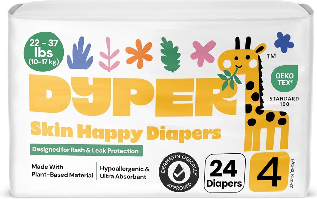 DYPER Baby Diapers Size 4 (24 Count)  Plant-Based, Hypoallergenic, Fragrance-Free & Ultra Absorbent Disposable Diapers for Day and Overnight Skin Protection, Single Pack Size 4 Diapers