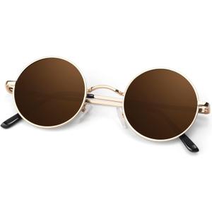 ANZIW Round Polarized Sunglasses Men Women,Retro Metal Hippie Shades with 100% UV Protection (A04- Golden Frame Brown Lens)