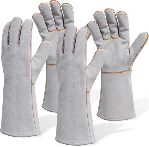 Tivi Tovo 2 Pairs 14” Leather Fireplace Gloves for Men Women Long Heat Resistant Fireplace Hearth Gloves Wrist Protection Fireproof Stitching Grill Glove for Fire, Stove, Oven, BBQ, Grilling, Welding