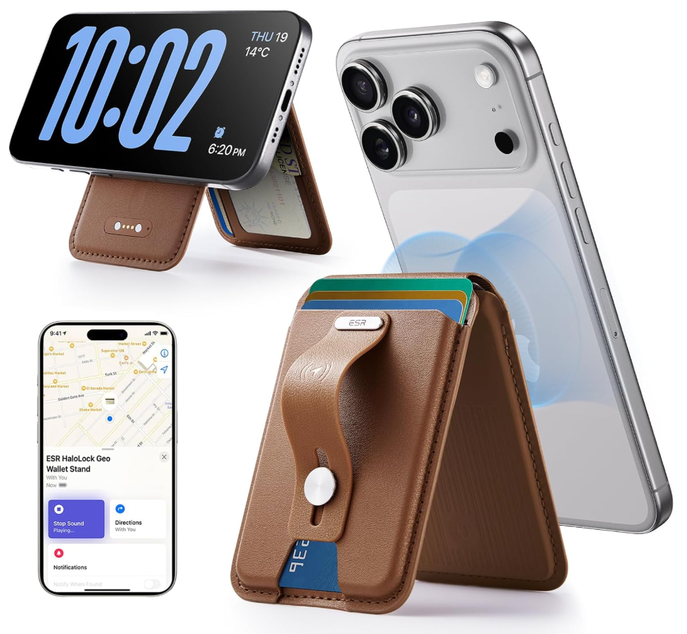ESR Geo for Magsafe Wallet with Full Find My Functionality,5 Card Holder Stand Grip for Phone Case, RFID Blocking, Magnetic Wallet for iPhone 17e/17/16/15/14/13/12 Series, with Adjustable Stand, Brown