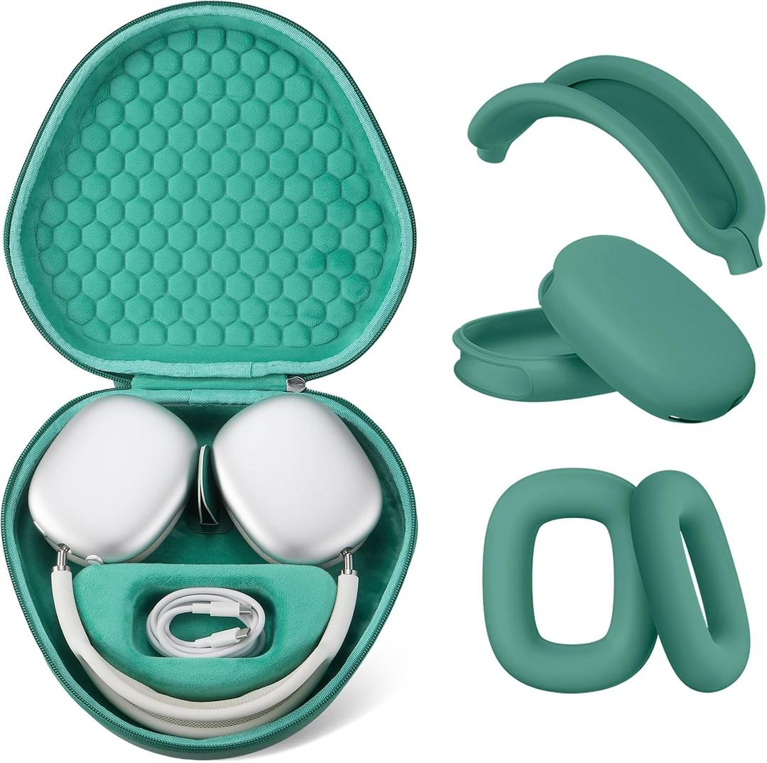 Maxjoy for Airpods Max Case, Smart Case Supports Sleep Mode, with AirPods Max Silicone Earpad Cover/Ear Cups/Headband Cover Accessories, Portable Travel Carrying Storage Bag, Green Set