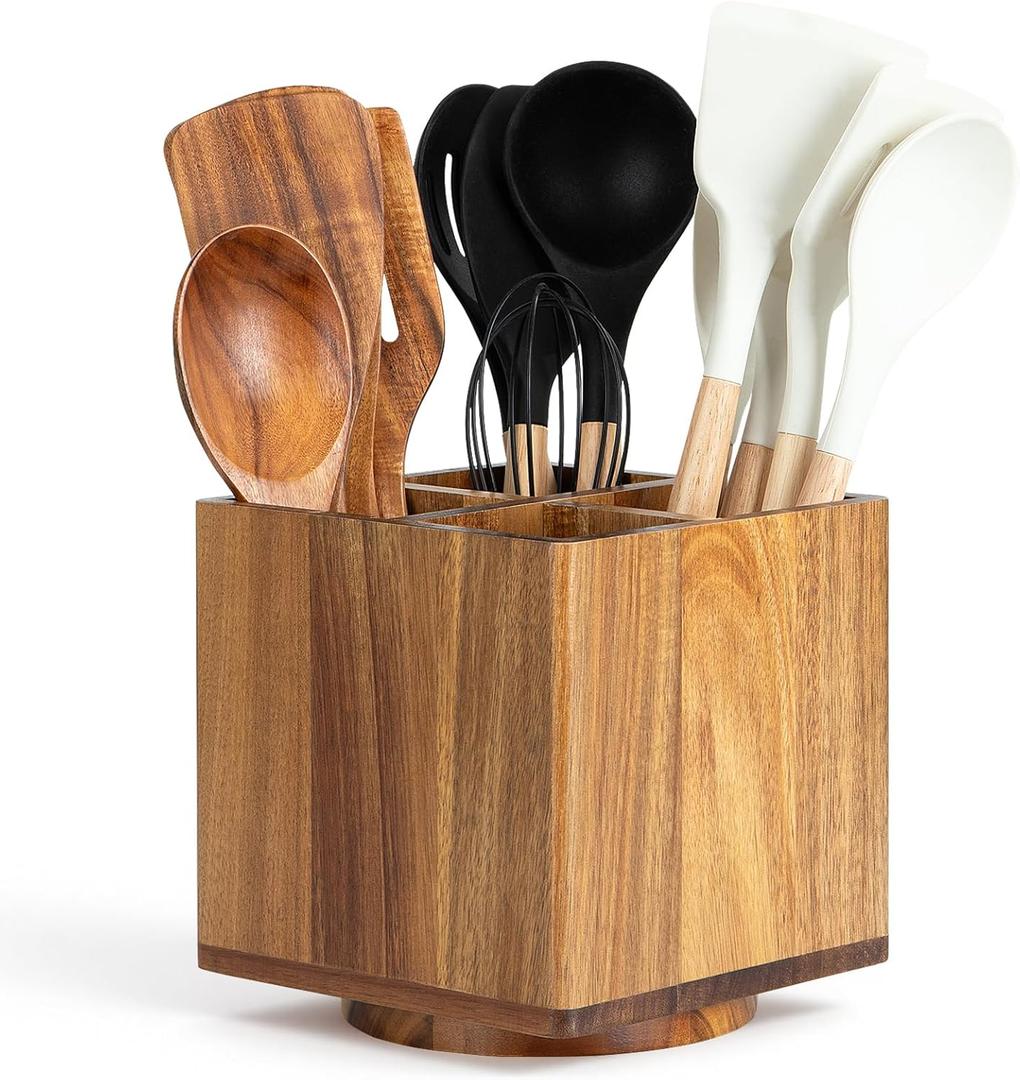 Acacia Wood Extra Large Rotating Utensil Holder for Kitchen Counter, Wooden Utensil Holder with 4 Compartments