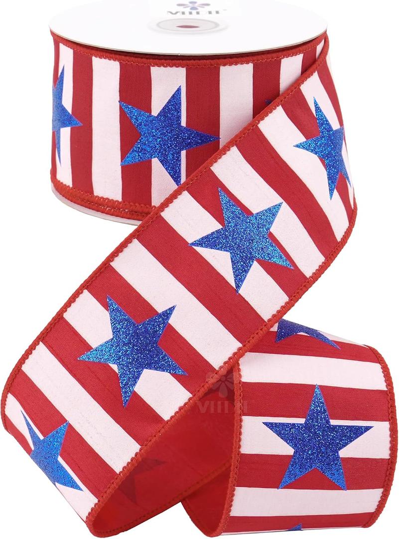 MEEDEE 2.5" Patriotic Dupioni Wired Ribbon – 10 Yards Red White Striped Ribbon with Blue Glitter Stars, 4th of July Ribbon for Wreaths, Bows, Gift Wrapping, Mailbox and Memorial Day Decor