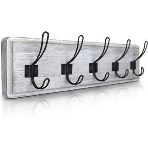 HBCY Creations Rustic Coat Rack - Wall Mounted Whitewash 24" Entryway Coat Hooks - 5 Rustic Hooks, Solid Pine Wood. Perfect Touch for Your Entryway, Kitchen, Bathroom... (Whitewash)