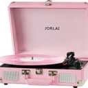 JORLAI Pink Vinyl Record Player 3 Speeds Portable Suitcase Turntable with Built-in Dual Speakers, Bluetooth Gramophone with Built-in Battery 3.5mm Aux Input/RCA Output